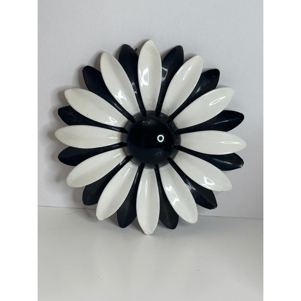 1960s Enamel Mod Daisy Brooch Pin Large Black White Layered Flower Pop Art